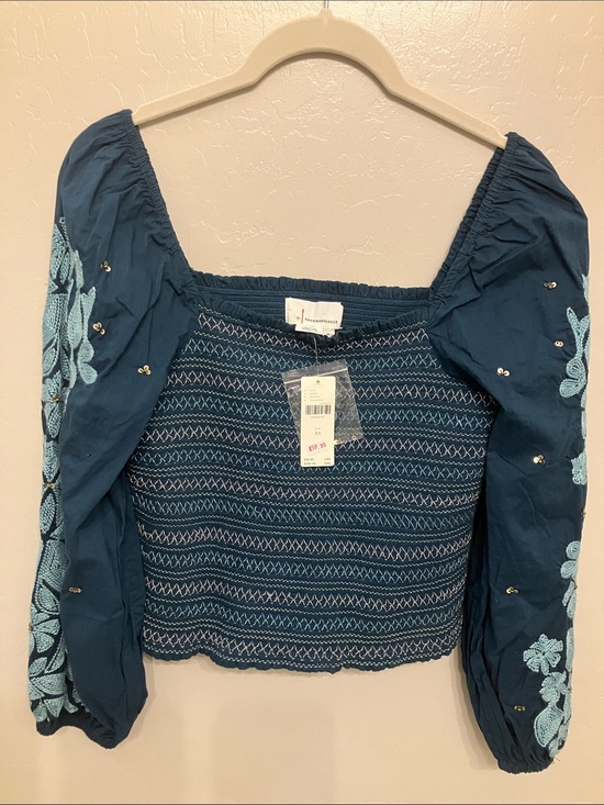 Anthropologie Tops - Anthropologie Teal Blue Embroidered Puff-Sleeve Crop Top
